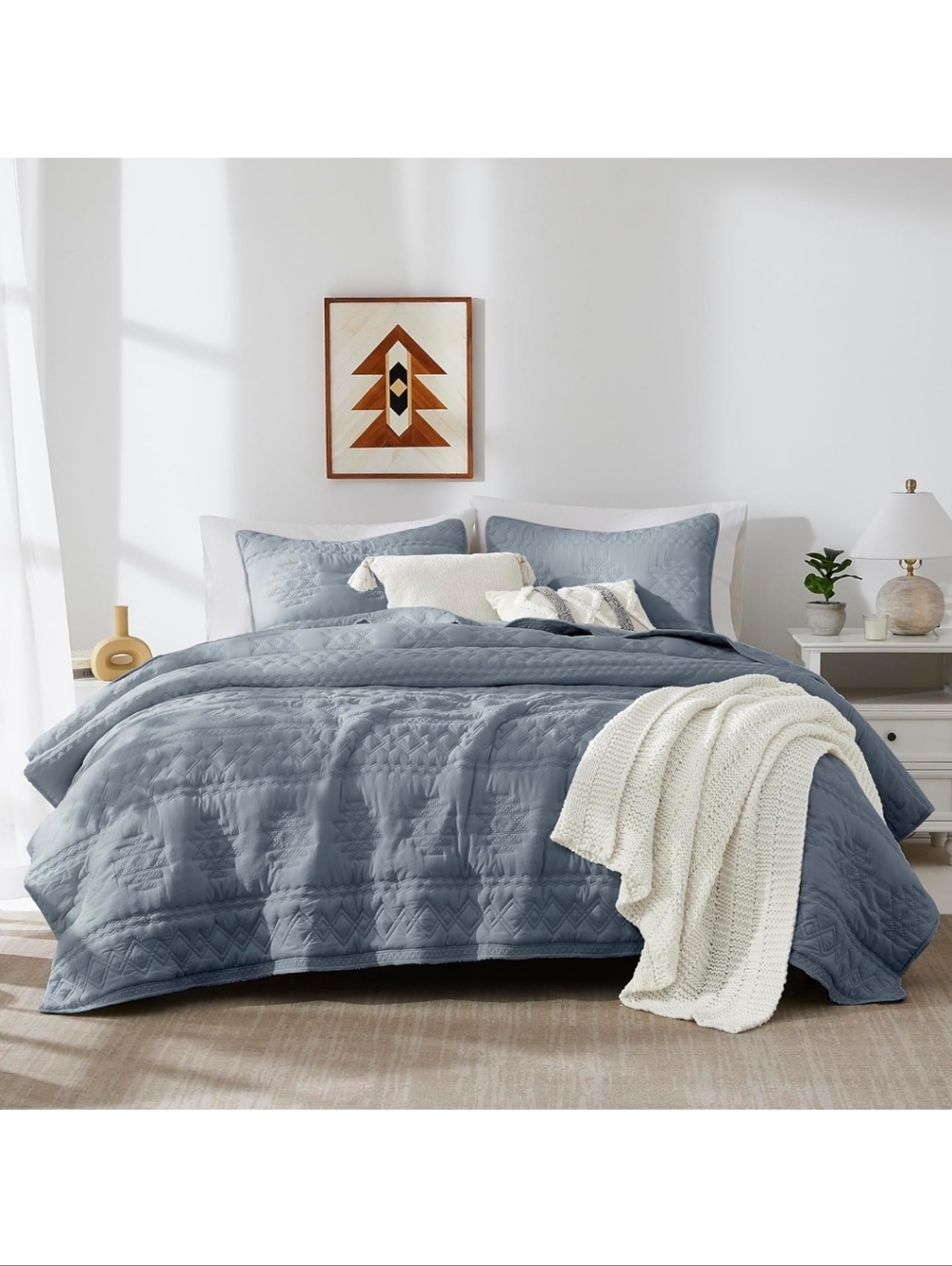 Boho Blue Grey Oversized California Cal King  Quilt Bedding with 2 Pillow Shams